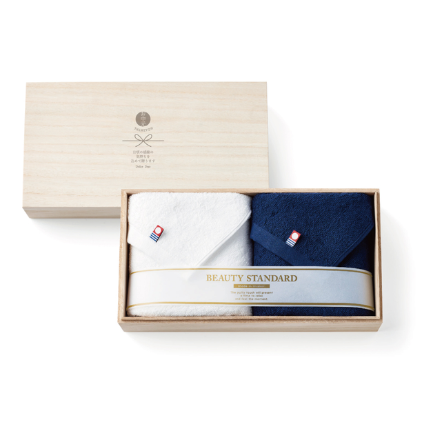 今治タオルセット(フェイスタオル×2 白・紺) 木箱付き画像