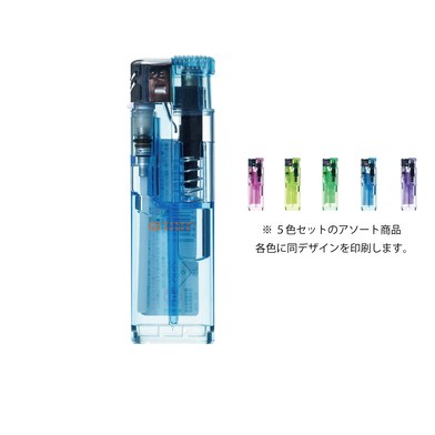 東京パイプ PE-01プッシュ式電子ライター クリア5色セット｜ノベルティ